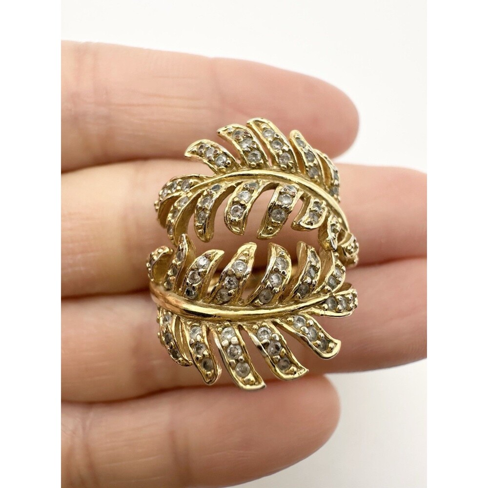Wrap Around Pave Set Feather Ring Gold Plated Size 6.5
